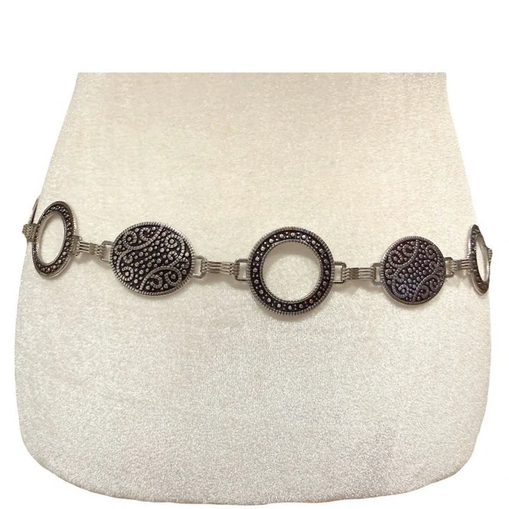Silver Tone Chain Belt Boho Filigree  Medallion Adjustable Festival Hip Belt 45